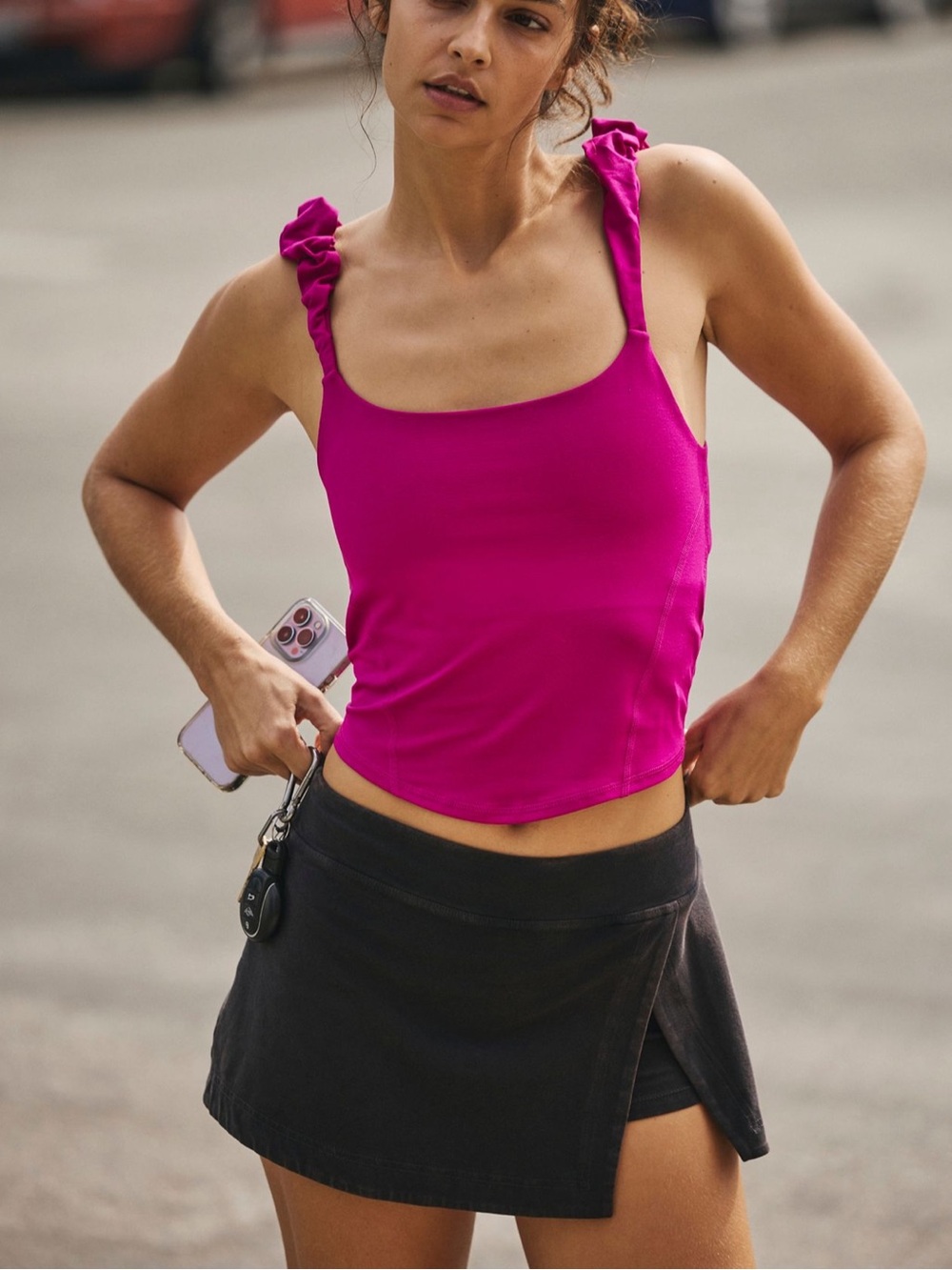 Free People Ruffle Strap Scoop Tank Top - Fuchsia